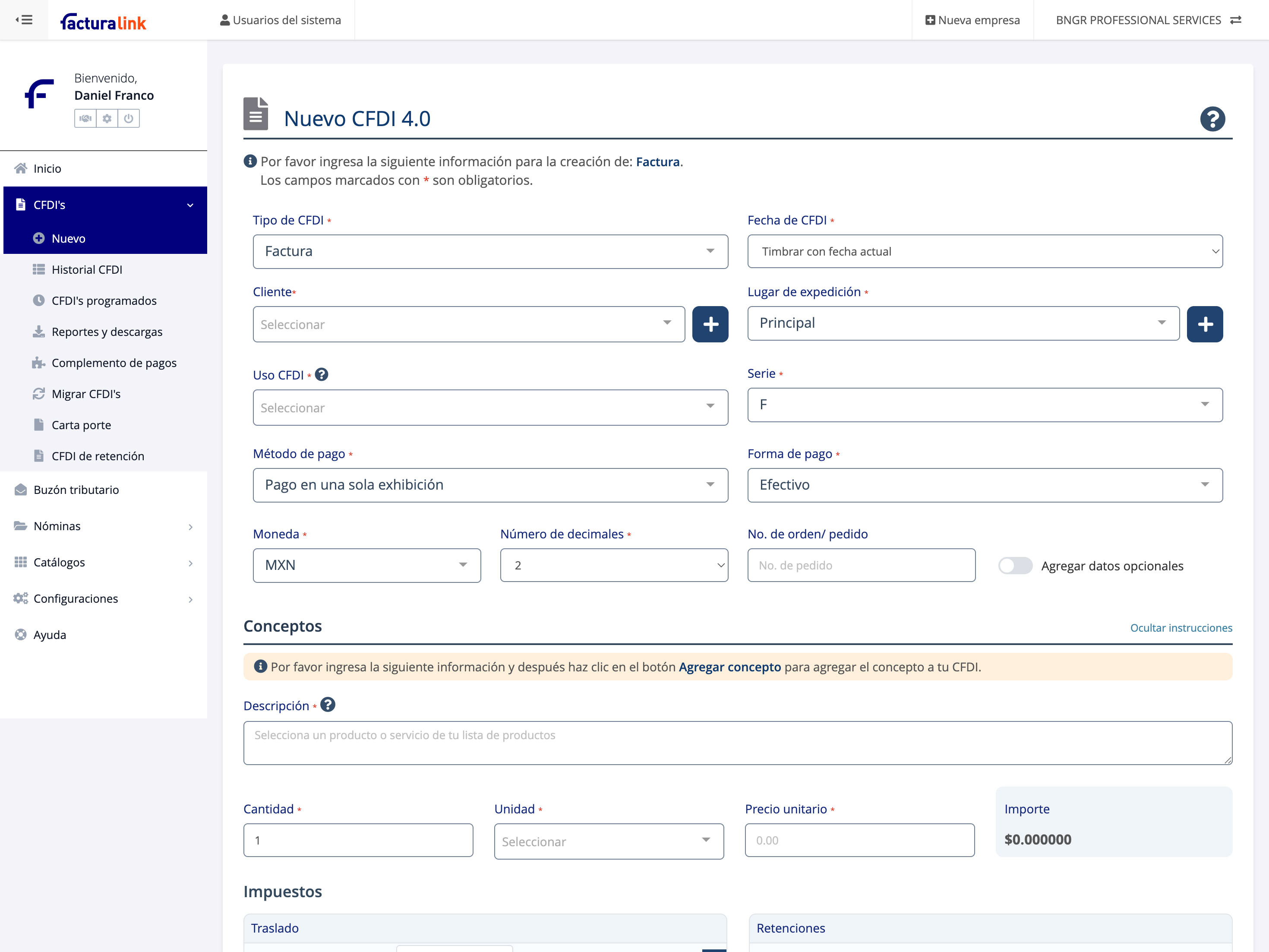 pantalla de creación de CFDI
